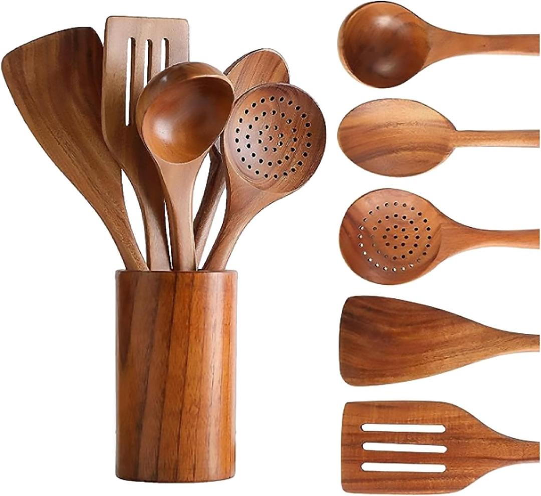 6 PCS Wooden Cooking Utensils Set, Wooden Spoons for Cooking, with Utensils Holder, Comfort Grip, Ideal for Nonstick Cookware