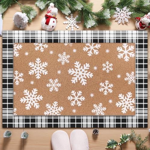 Drydiet 2 Pcs Winter Snowflake Double Layer Doormats, Non Slip Christmas Holiday Entry Rugs, 36'' x 24'' Fabric Welcome Mat 29'' x 17'' Coir Doormat for Front Porch Indoor Outdoor Decor