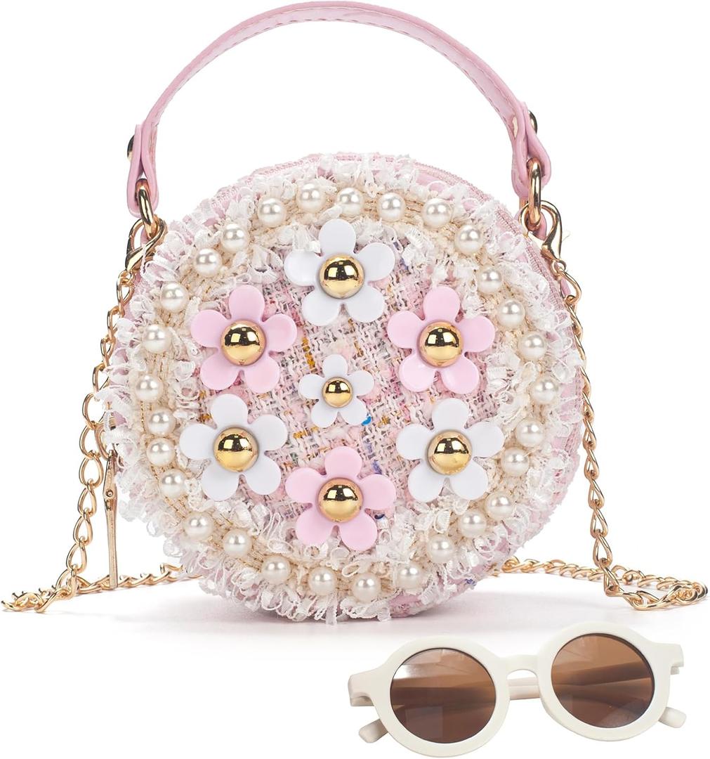 Girls Purse for Age 3-14, Flower Purse for Kids, Pink Little Girls Handbag Toddler Wallet with Round Glasses, Cute Toddler Crossbody Bag, Princess Handbag Gift for Christmas, Birthday