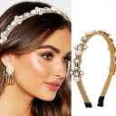 Gold Jeweled Headbands Pearls Rhinestones Baroque Hair Bands Crystal Hair Hoop with Beaded Hair Ties for Women (Fashion)