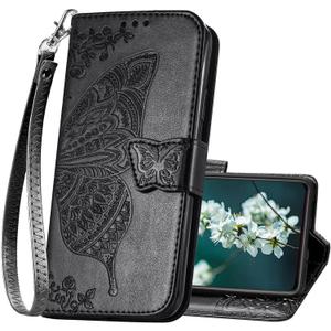 Designed for Samsung Galaxy S20 FE Case Wallet,Women Flip Cover with Butterfly Embossed PU Leather Kickstand Credit Card Holder Slots Magnetic Wrist Strap Phone Case (Black)