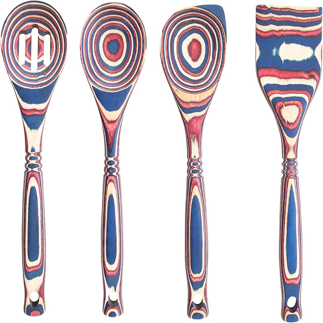 Pakka Wooden Spoons Set - Exotic Pakkawood Utensils for Serving & Cooking - Non-Stick, Slotted Spoon, Corner Spoon, and Spatula for All Cookware - Lightweight & Heat Resistant