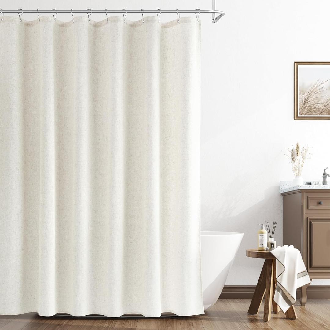 Naturoom Cream Linen Shower Curtain 74 Inch Long Weighted Fabric Bath Shower Curtain Set with Hooks, XLong Tall Country Farmhouse Curtains for Bathroom,Water Repellent, 72x74