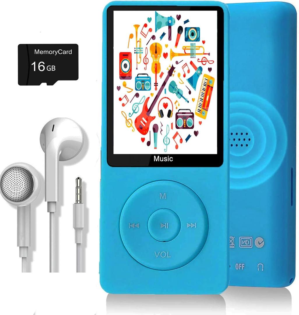 MP3 Player, Music Player with 16GB Micro SD Card, Build-in Speaker/Photo/Video Play/FM Radio/Voice Recorder/E-Book Reader, Supports up to 128GB (Dark Blue)