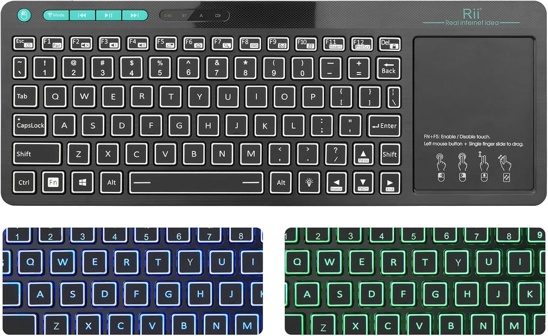(Dual Mode) Rii RT518S Wireless and Bluetooth 2-LED Color Backlit Multimedia Keyboard with Multi-Touch Big Size Trackpad,Rechargable Keyboard for Android TV Box,PC,Tablets,Smart TV, HTPC, IPTV,Windows