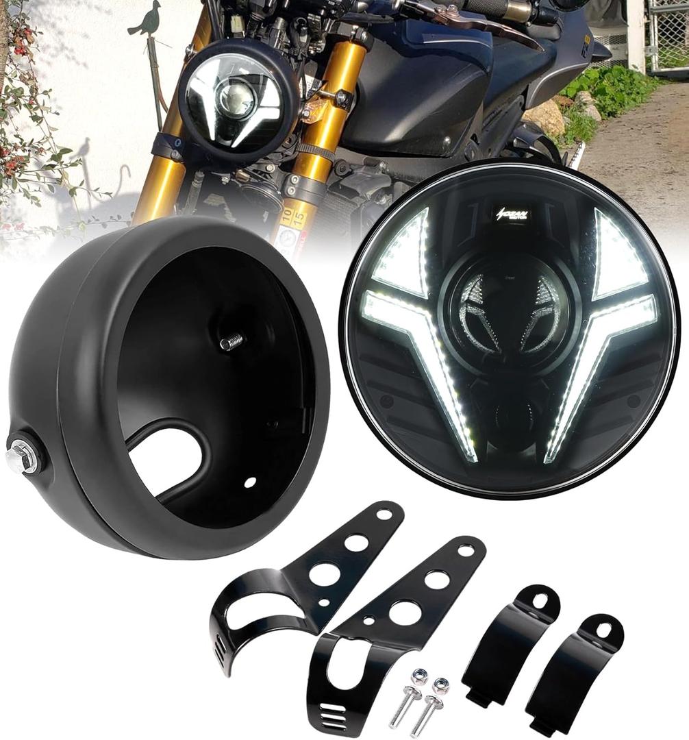 5-3/4 5.75" Motorcycle Headlight with Headlight Housing Bucket Mount Brackets Laser Light with White DRL Amber Turn Signal Compatible with Shadow 750 Rebel 500 Vulcan Cafe Racer Chopper