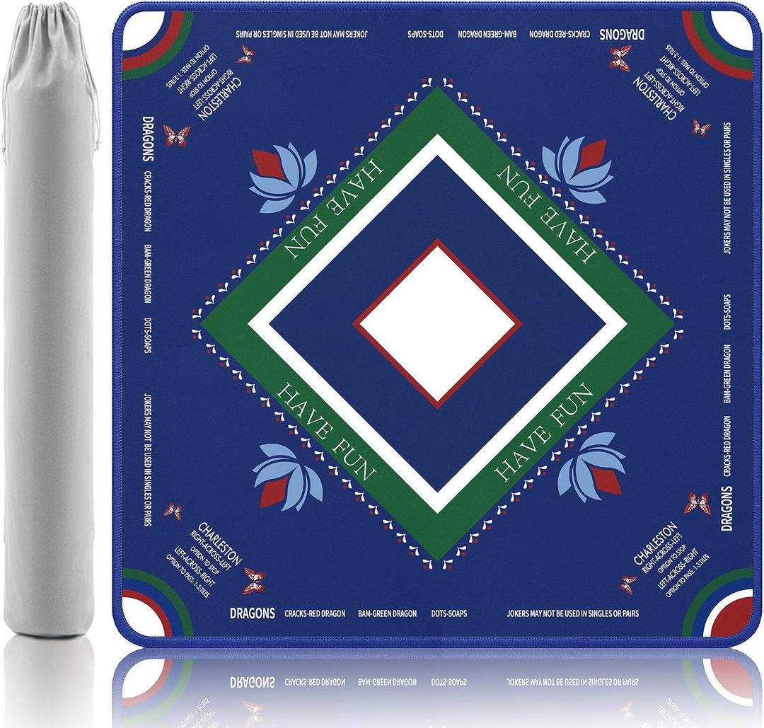 Mahjong Mat with Lotus & Butterfly Artwork - 32.4x32.4 Inch Hand-Painted Style Rubber Mat, Waterproof Surface, Anti-Slip Foldable Design for Asian-Themed Game Nights (Dark Blue Style)