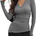 METHE & CIEL Women Long Sleeve V Neck Shirts Dressy Casual Asymmetrical Slim Fitted Ruched Fall Tops Trendy Tunic Blouse (X-Large, Heather Grey)