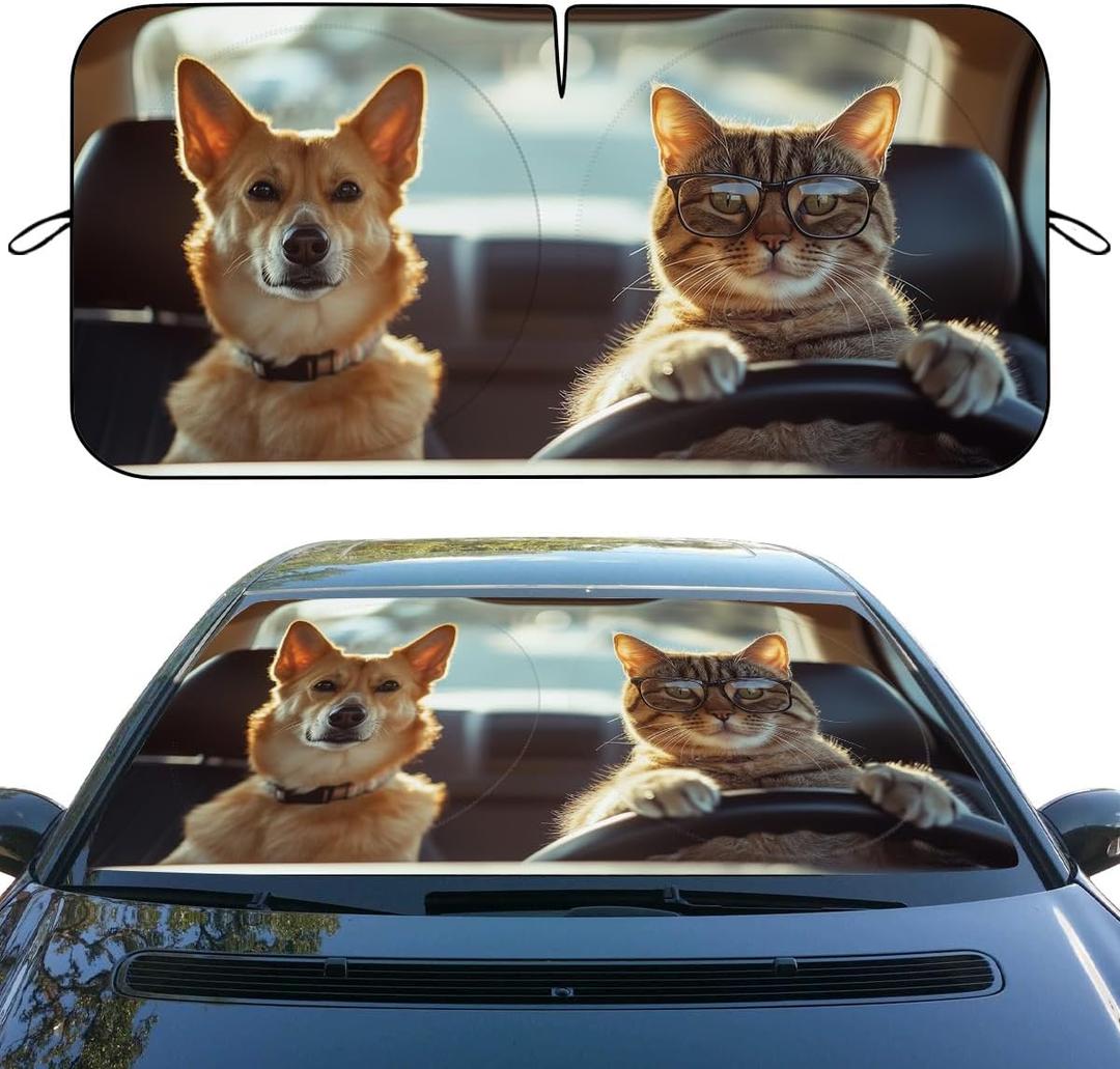 Cute Cat Dog Car Window Sun Shield Funny Cartoon Animals Driving Front Window Sun Shade Blocks UV Rays Sun Visor Protector for Car Sedan Truck SUV Accessories 59" X 31"