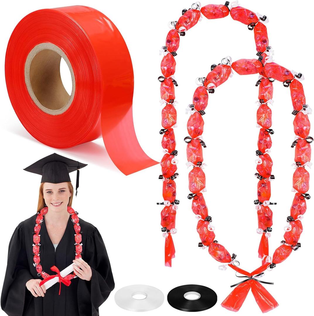 Candy Lei Tubing 2 Inch x 1000 ft Graduation Candy Lei Making Kit Class of 2025 Congrats Grad Poly Tubing 2 Rolls Ribbon Dessert Filler for DIY Graduation Wreaths Packing Snacks Gift(Red)