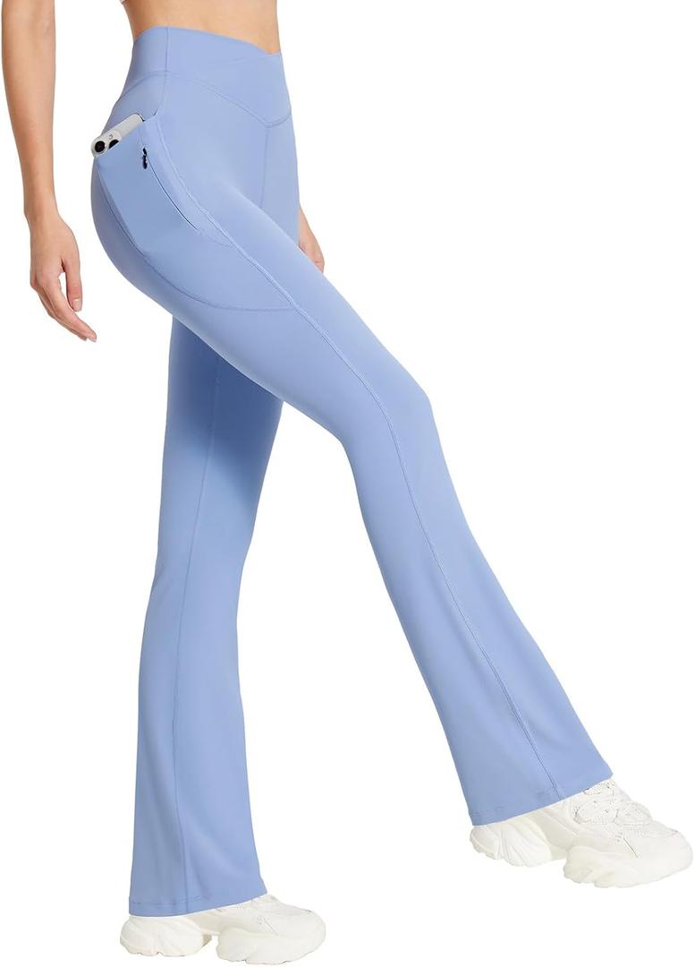 baleaf Women's Flare Leggings with Zipper Pockets Crossover High Waist Bootcut Yoga Pants Tummy Control Bell Bottom Leggings (XL)