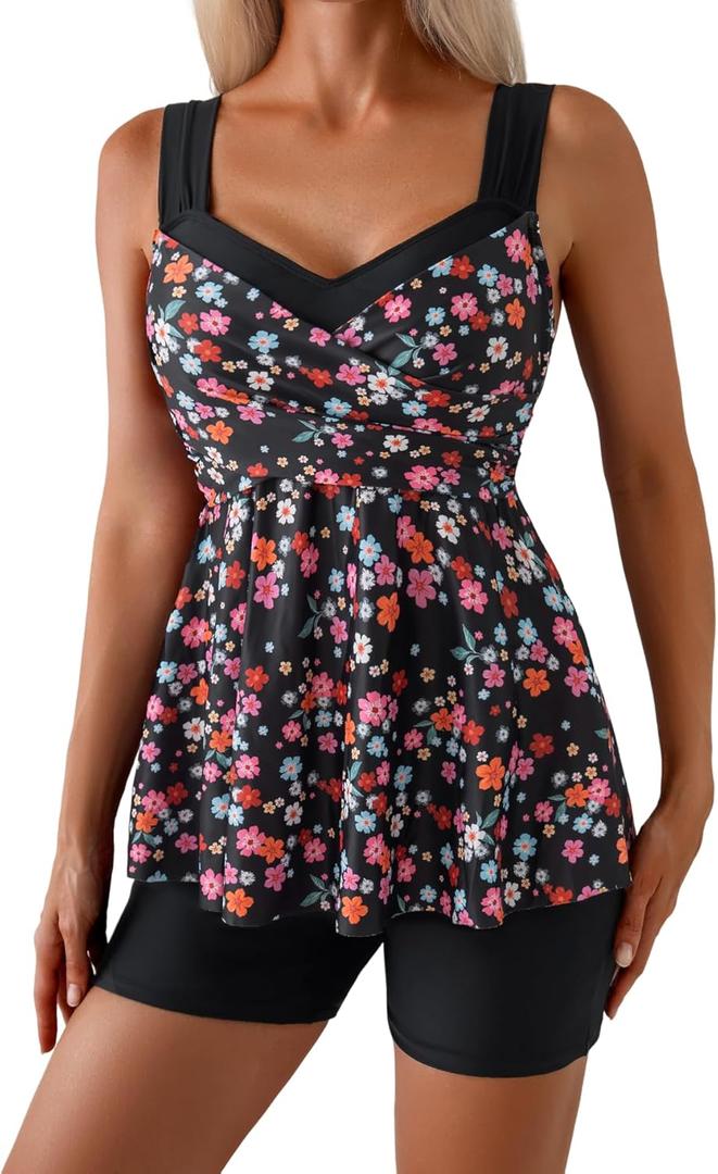 B2prity Tankini Swimsuits for Women Tummy Control Two Piece Modest Bathing Suits Floral Skirt Top with Boyshorts (M)