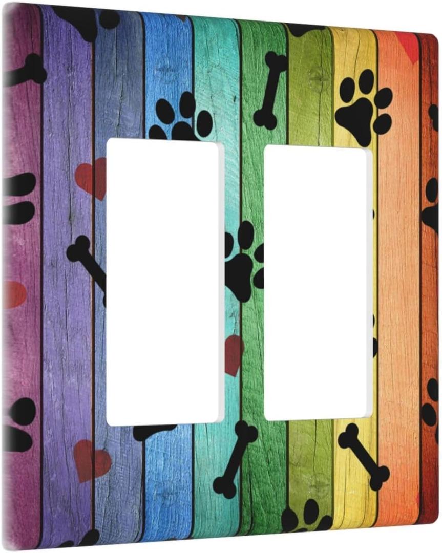 Decorative Light Switch Cover Dog Paw Colorful Retro Wood 2 Gang Rocker/Decora Outlet Covers Wall Plate Electrical Faceplate Switchplate for Farmhouse Bathroom Home Living Room Decor