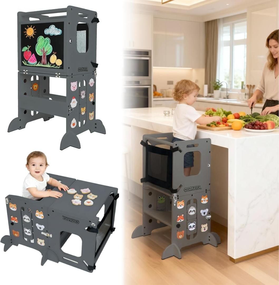 Toddler Tower Foldable, Animal Magnets Learning Kids Kitchen Step Stool, 4-in-1 Toddler Standing Tower with Blackboard, Anti-Tip Safety Feet, Foldable Wooden Helper for Ages 14 (CPC Certified) (Gray)