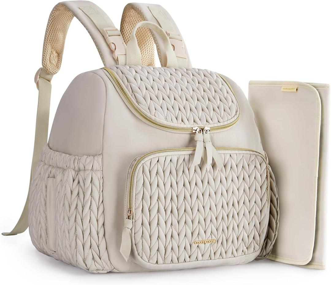 Mommore Diaper Bag Small Diaper Backpack Stylish Toddler Baby Mini Maternity Bags Travel Backpacks with Insulated Pockets, Changing Pad, Stroller Straps (Light Cream)