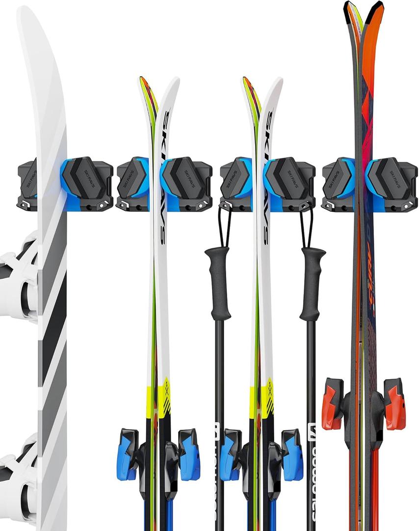 Ski & Snowboard Wall Rack, Ski Wall Mount & Ski Rack Wall Mount for Garage Space-Saving, Winter Gear Organizer, Fits Any Ski or Snowboard, Nonslip Ski Holders, Garage Organization, 4 Pack