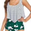 Edelqual Tankini Swimsuits for Women High Waisted Bikini Sets Plus Size Two Piece Bathing Suits Tummy Control Swimwear (Medium, Stripes Green)