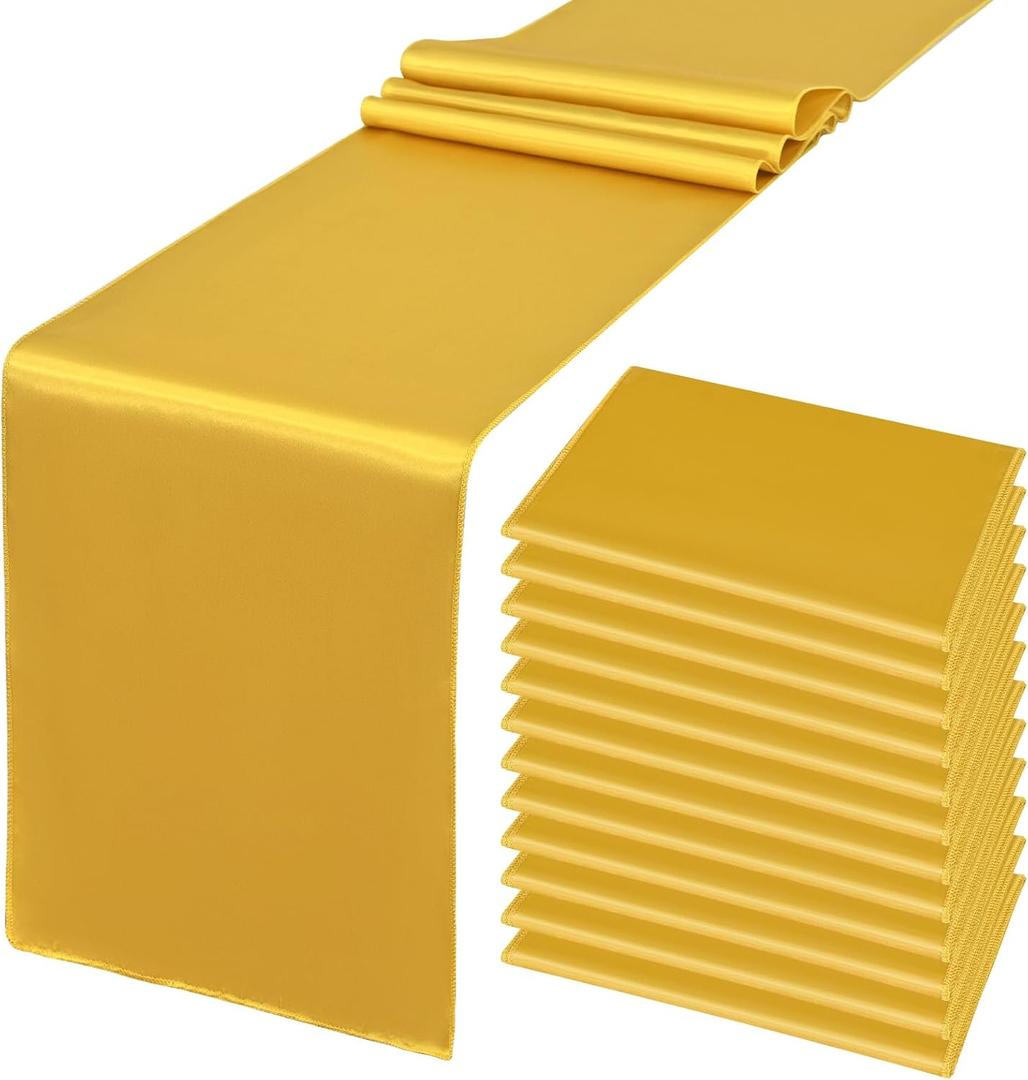 12 Pack Gold Satin Silk Table Runner 12 x 108 Inch, Long Smooth Silk Table Runners for Wedding, Banquets, Birthday Party, Graduations