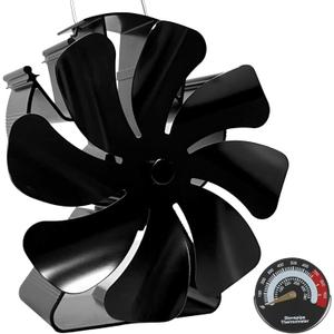VODA Wood Stove Fan Heat Powered Fireplace Fans, Non Electric Heat Activated Thermal Fan 8 Blades for Wood Burning Stove/Log Burner, Stove Accessories Thermometer
