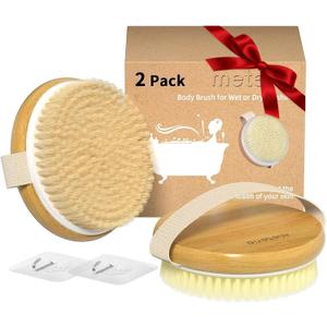 Metene 2 Pack Bamboo Dry Body Brushes, Shower Brush Wet and Dry Brushing, Dry Brush for Cellulite and Lymphatic, Body Scrubber with Soft and Stiff Bristles, Suitable for All Kinds of Skin