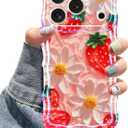 Jusy Case for iPhone 17 Pro Max, Colorful Retro Oil Painting Printed Flower Laser Blue Glossy Pattern Cute Curly Wave Phone Case Soft TPU Cover for Girly Women -Strawberry Flower