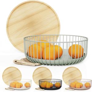 Libken Fruit Basket with Wooden Bamboo Lid- Fruit Bowl For Kitchen Counter - Countertop Bin for Produce Fruits, Potato and Veggie - Metal Wire Baskets For Organizing - 11.4"x11.4"x4.5" - Green