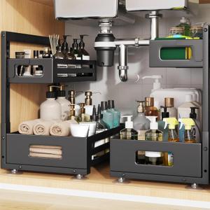 2 Pack Under Sink Organizer,Pull Out Cabinet Organizer with Smooth Cylindrical Rail,Metal Slide Out Drawer for Kitchen Bathroom Laundry Cabinet,8-Level Tool Free Height Adjustable-Black, 2 Pack-15"Dx9.5"-16.7"H