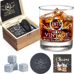 50th Birthday Gifts for Men Whiskey Glass Set - 50th Birthday Decorations, Party Supplies - 50 Year Anniversary, Bday Gifts Ideas for Him, Dad, Husband, Friends - Wood Box & Whiskey Stones & Coaster