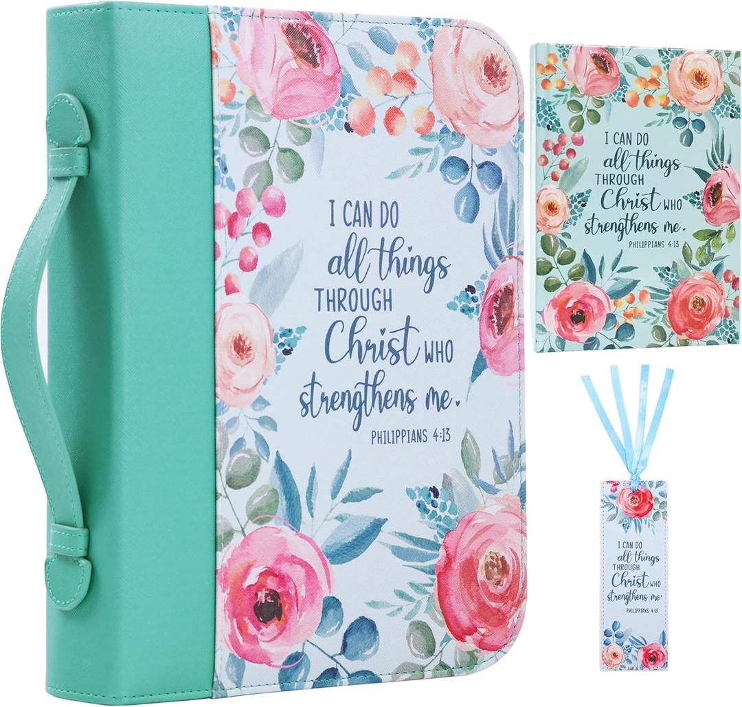 Faithful Hers Bible Cover Case for Women 3pcs Bible Bag Set with Notebook and Bookmark Woman PU Leather Book Carrying Case for Lady Bible Case Christian Gifts for Christmas Thanksgiving Day (Light Green)