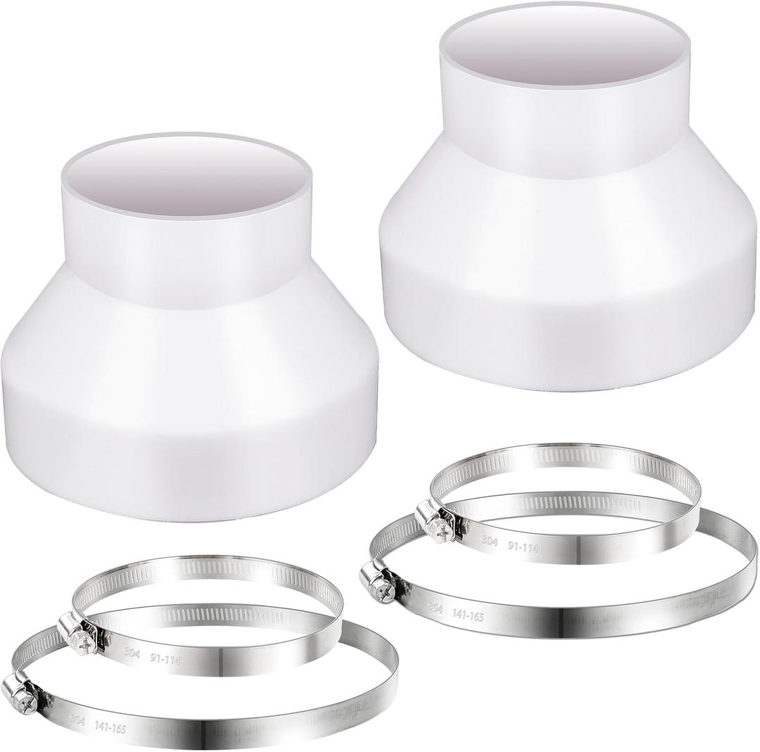 2 Set 6 to 4 inch Duct Reducer Adapter, Air Duct Reducer Increaser with 304 Stainless Steel Hose Clamps, HAVC Pipe Connector for Inline Ventilation Fitting System (6 to 4 Inch), White