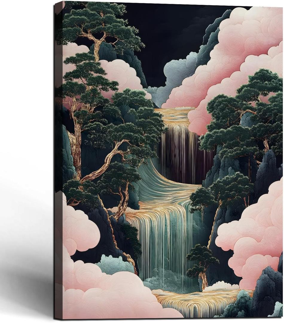Framed Japanese Waterfall Landscape Picture Pink Clouds Wall Art Decor Canvas Print Nature Print Artwork Poster Gallery Bedroom Living Room Office 12x16 Inch Ready to Hang