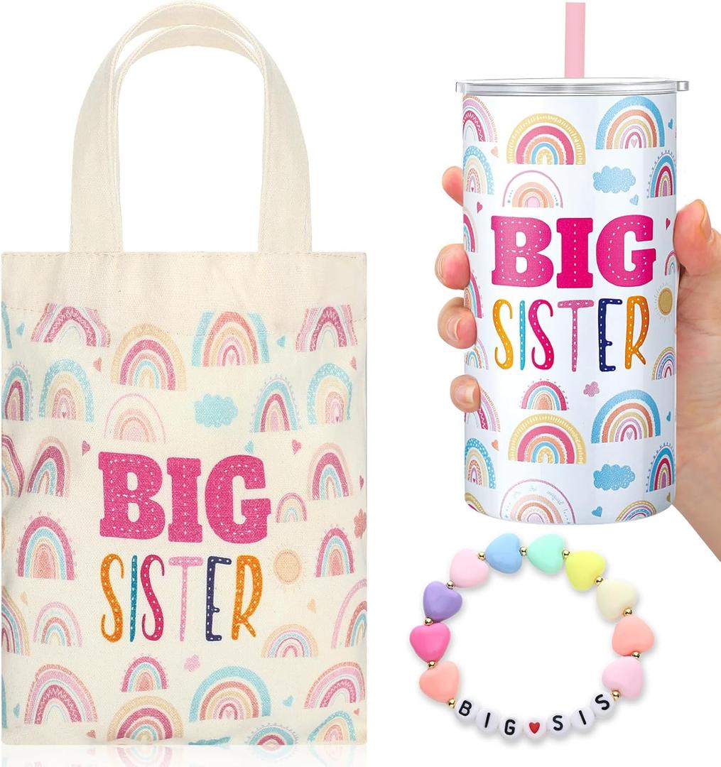 3 Pcs Big Sister Gift for Girls 12 oz Pink Big Sister Cup Stainless Steel Mug Vacuum Insulated Tumbler with Leakproof Lid and Straw Canvas Tote Bag and Bracelet for Little Girls Age 2-8