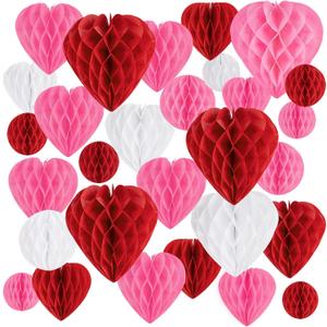40Pcs Valentines Day Party Heart Decorations - Red Pink White Paper Honeycomb Hearts Balls Hanging, Valentine's Decor for Office, Birthday and Classroom