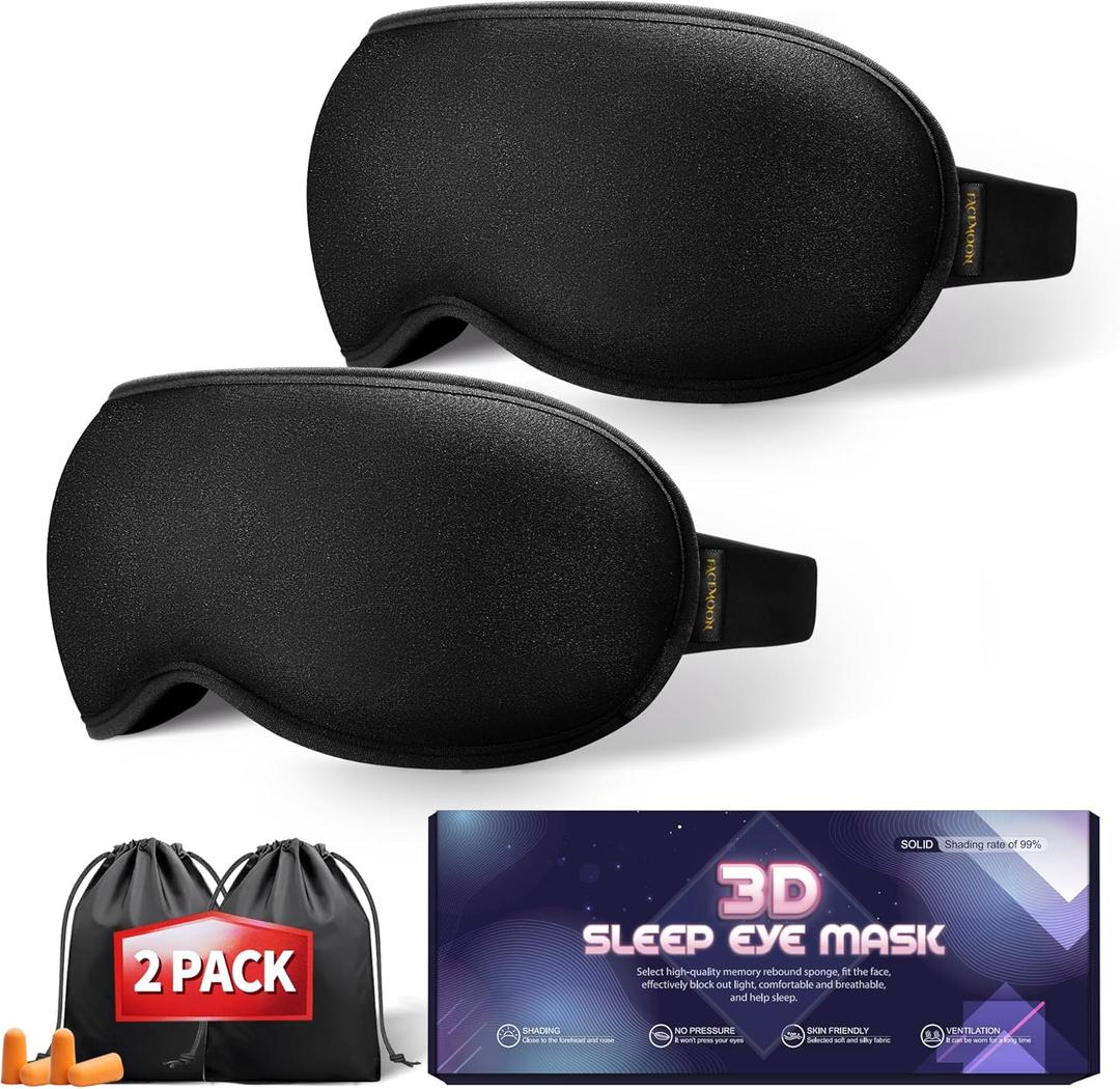 Weighted Sleep Mask for Women Men(2 Pack), 3D Contoured Eye Masks for Sleep, Best Blackout Eye Mask for Travel, Meditation, Airplane, Memory Foam, Adjustable Strap, Black