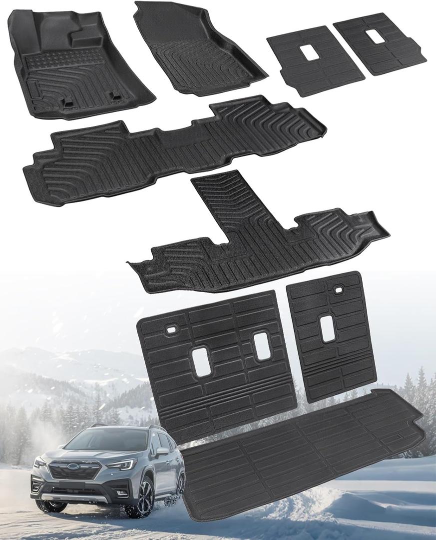 Car Floor Mat for Subaru Ascent: All Weather Liner Set Custom Fit 2019 2020 2021 2022 2023 2024 2025 Bucket Seat Front Back Row Protector Backrest Trunk Cargo Guard Full Set Automotive Accessory Black