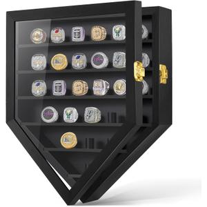Championship Ring Display Case, 27 Ring Posts Sports Ring Display Case Wooden Shadow Box for Baseball Basketball Football Softball Award Rings Fan Souvenirs
