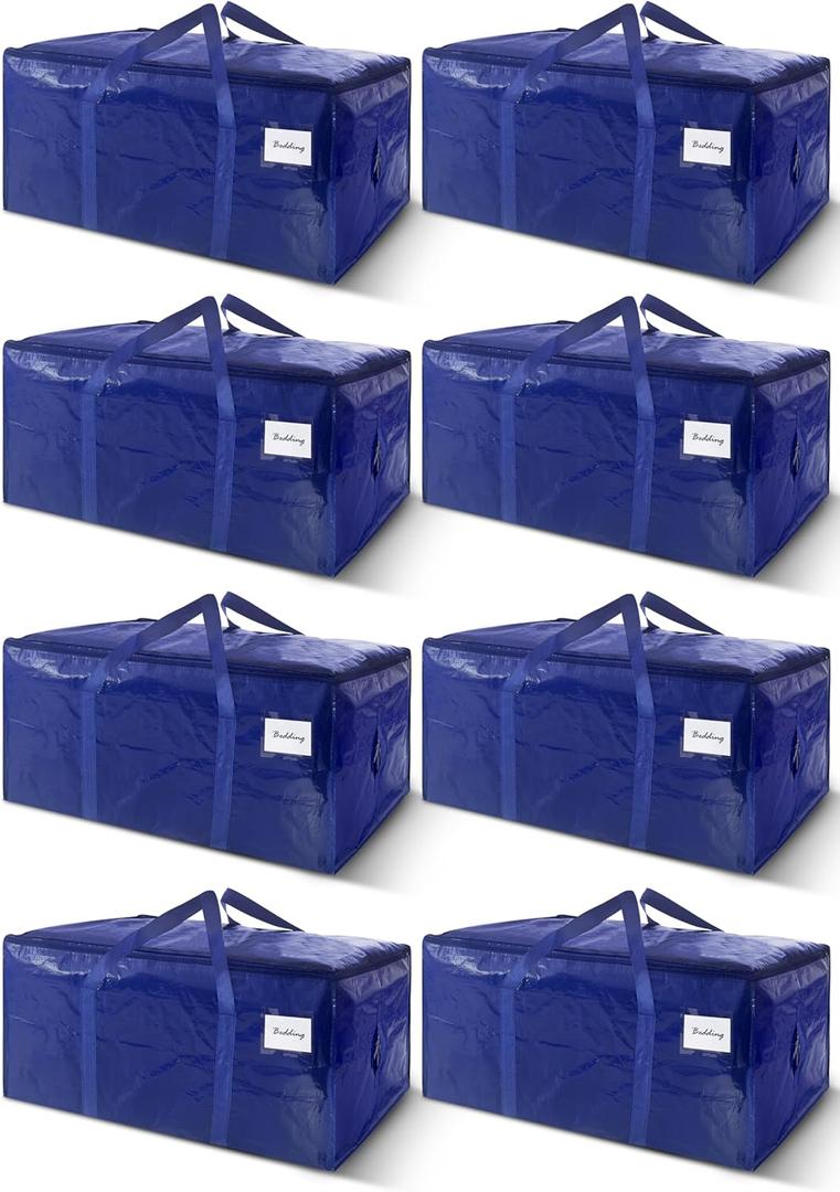 8 Pack Extra Heavy Duty Large Moving Bags with Strong Zipper & Carrying Handles, Sturdy Clothes Storage Bags Totes Bins, Packing Bag Move Boxes College Moving Supplies, Dark Blue - 24 gal