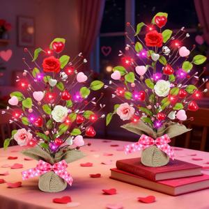 2 Pack & Timer - Valentines Day Decorations, 18 Inch Lighted Valentines Day Tree Tabletop with 20 Red Pink Lights Battery Operated Hearts Rose Berries Artificial Tree Valentines Decor Home Table Party
