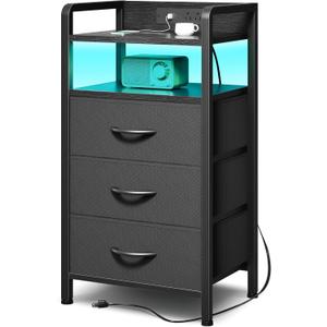 Night Stand Bedside Charger Bedroom - Nightstand with Charging Station & LED Light Strip, Night Stand with Storage Shelf & 3 Fabric Drawers, Morden End Table with U-S-B Ports & AC Outlets