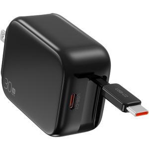 2-in-1 Retractable Wall Charger Plug with USB C Port and 27in/70cm Type C Cable,Travel Essentials 30W Fast Charging Foldable Block for iPhone 17/16/15/,iPad,Galaxy,Pixel-Black