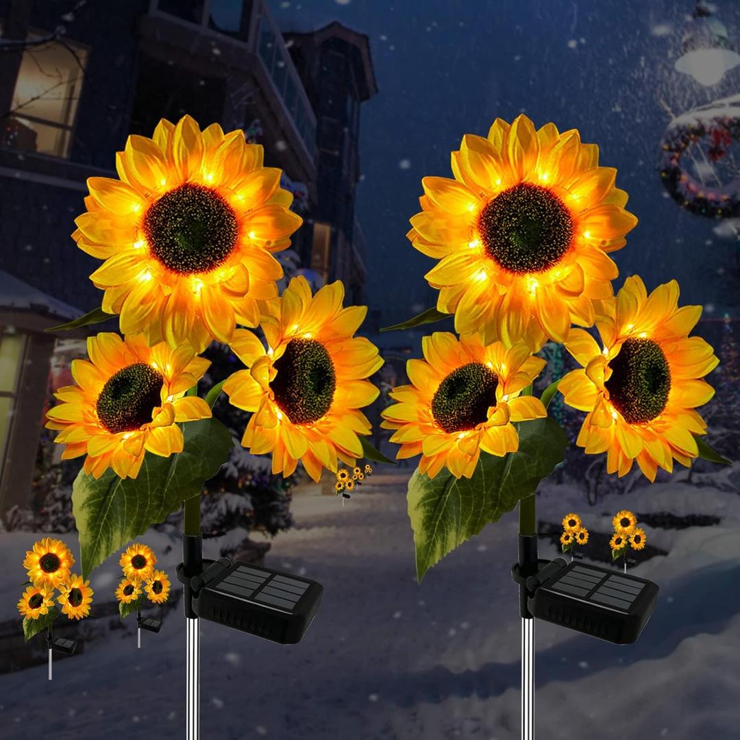 2 Pack Sunflower Solar Lights Outdoor Decor with 3 LED Sunflower Yellow Flower Lights Decorative Waterproof for Patio Lawn Garden Yard Pathway Decoration