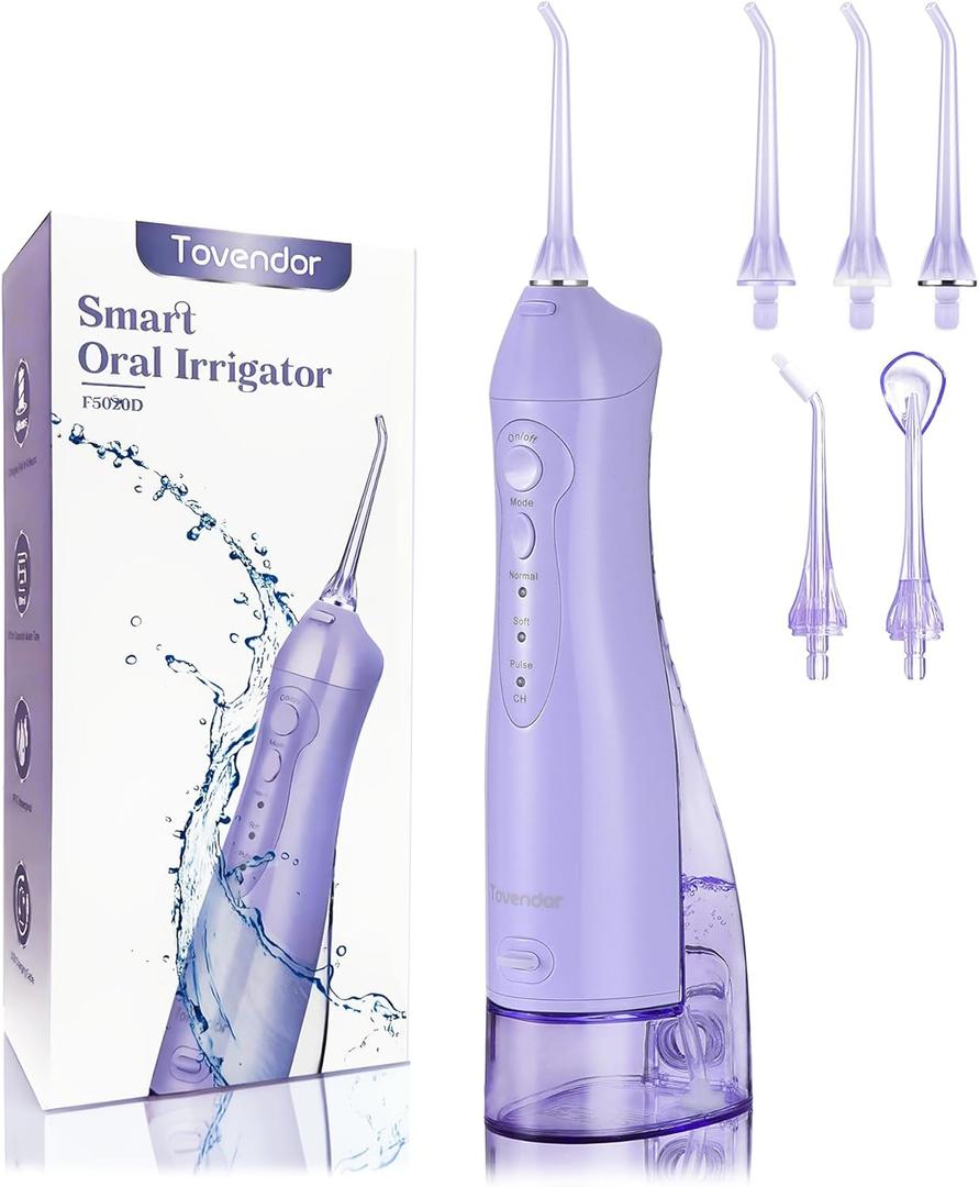 Tovendor Electric Water Flosser, Cordless Rechargeable Dental Oral Irrigator IPX7 Waterproof 300ML Travel Water Teeth Cleaner with 5 Tips for Braces Care Teeth Gums Cleaning, Home Office Daily Use