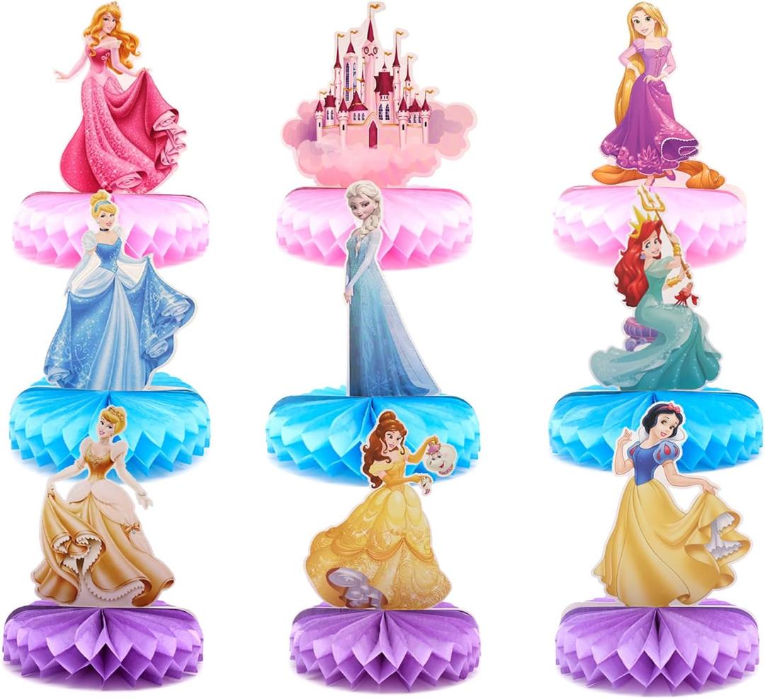 9 PCS Princess Party Honeycomb Centerpieces Decorations, Party Table Topper Decor for Girls Theme Birthday Baby Shower Christmas Party (Princess Theme)