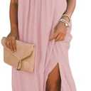 FARORO Sleeveless Long Dress for Women Boho Halter Maxi Sundress Casual Loose Dresses Split Cover Up Gown with Pockets Size XXL