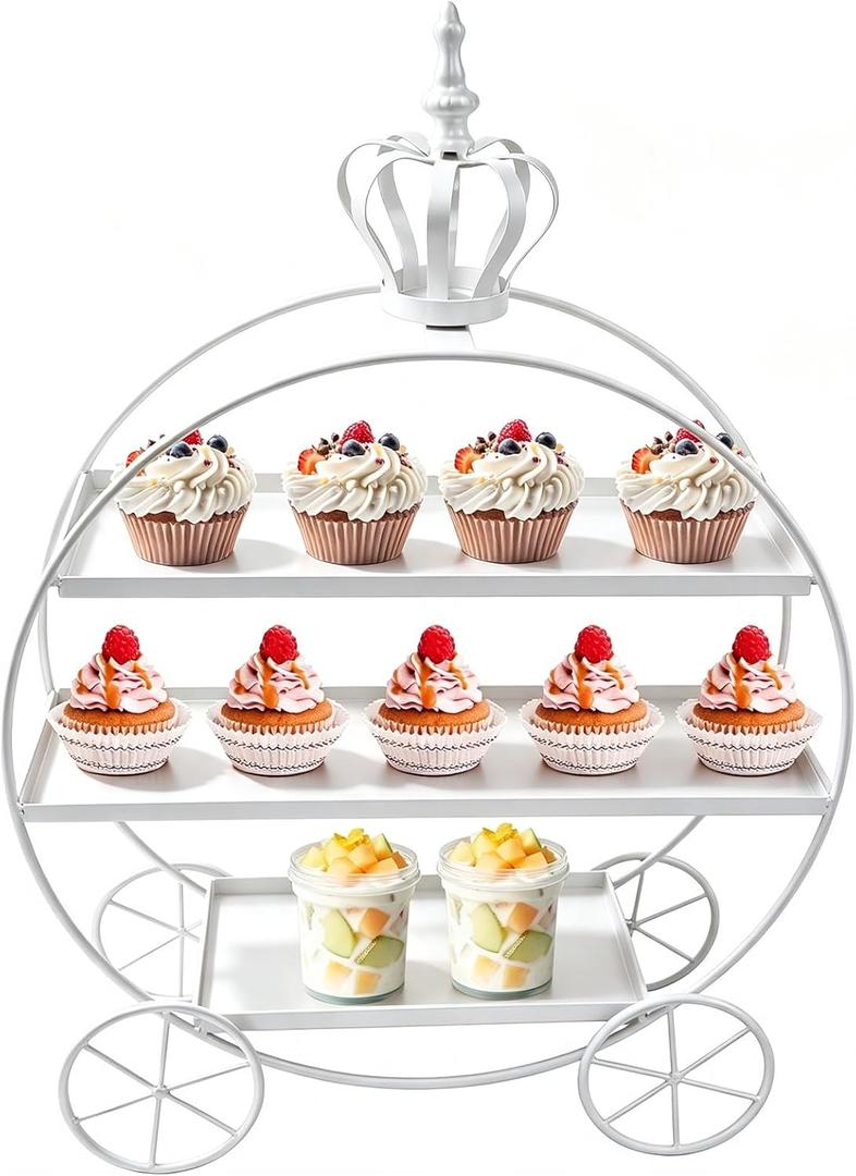 White Crown Pumpkin Cart 3 Tier Dessert Stand, Wrought Iron Cake Display Tray for Wedding Birthday Afternoon Tea Party, Decorative Tiered Serving Platter for Pastries Fruit Candy