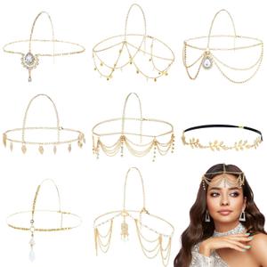 8 Pieces Gold Head Chains with Rhinestone Pearl Leaf Coin Festival Prom Wedding Bridal Jewelry Boho Headbands Tassel Forehead Chain Hair Bands Headwear Headpieces for Women Girls