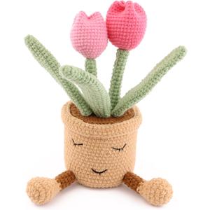 Hand Crocheted Tulip Bouquet Potted Plants, Knitted Artificial Flowers with Exquisite Flowerpots, Suitable for Gift Party Decoration, Shop Table Decoration for Family and Friends (Pink)