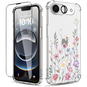 for iPhone 16e Case,[3 in 1] with Screen Protector & Camera Lens Protector, Flower Pattern Design,Clear Soft Shockproof Slim Floral Phone Cover for Women Girls 2025 6.1" (Blooming Flowerets)