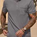 Mens Henley Shirts Casual Waffle Stretch Summer T-Shirt with Pocket (S-XXL) (Gray, S)
