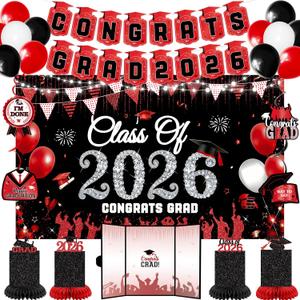 Red Black Graduation Decorations 2026: Class of 2026 Graduation Party Supplies for High School College Congrats Grad Banner Backdrop Signature Guest Book Photo Booth Decor